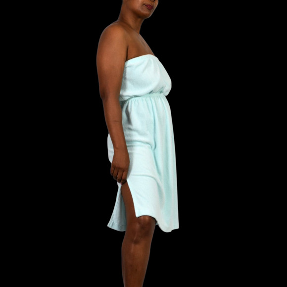 Vintage Terry Towel Dress Blue Swim Coverup Strapless Tube Slits Cotton Medium - Picture 12 of 13